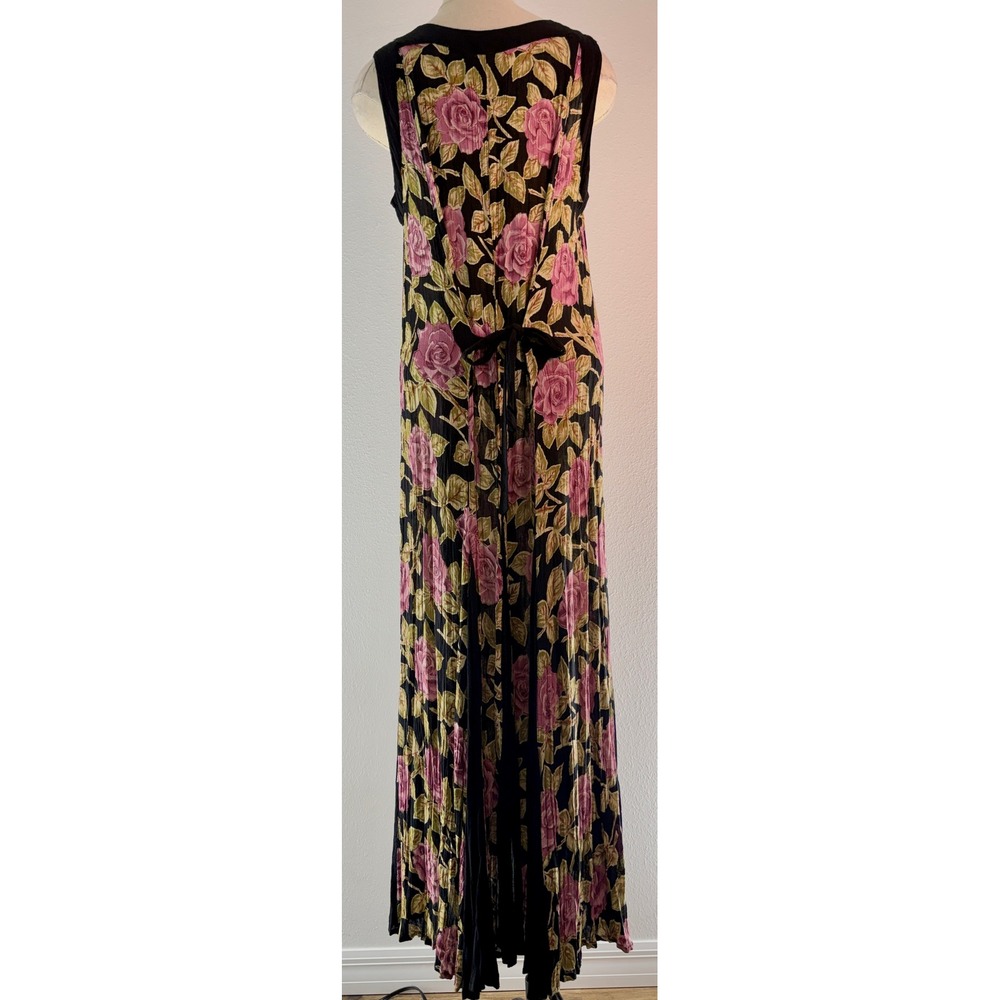 Vintage 90s Y2K Starina Floral Pleated Maxi Dress Black Pink Rose Romantic Med - Picture 3 of 10